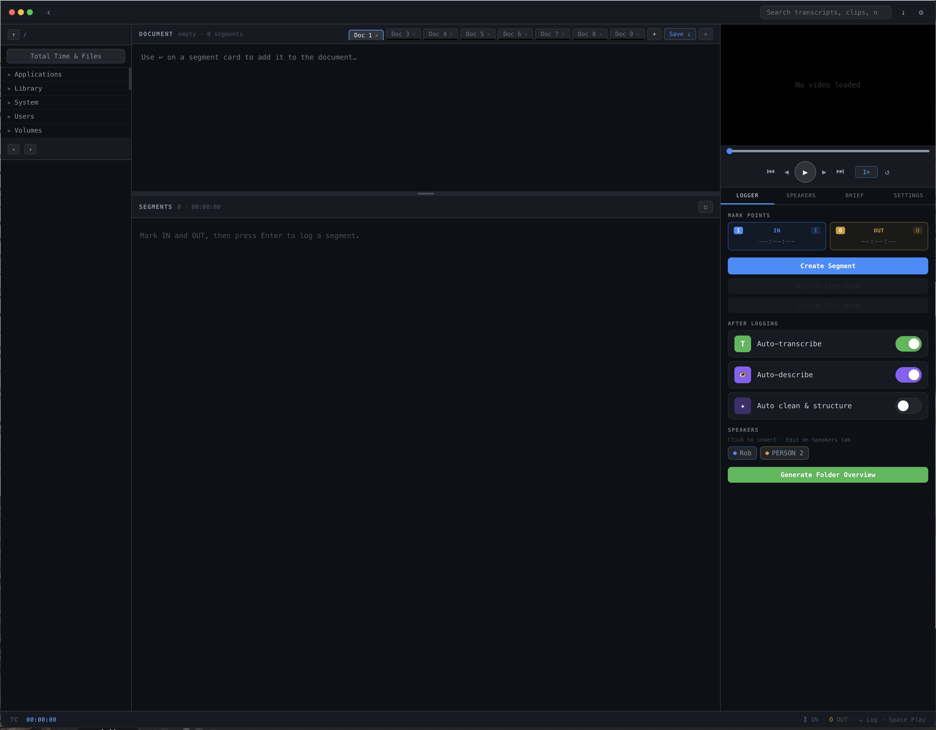 Shot Logger interface — Mark IN/OUT, auto-transcribe, speaker identification